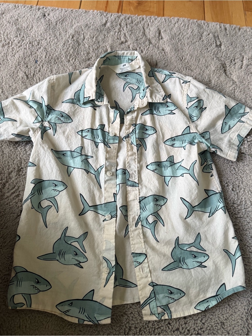 LIttle boys Short-Sleeve Shark Print Button-Up Shirt - White/Teal